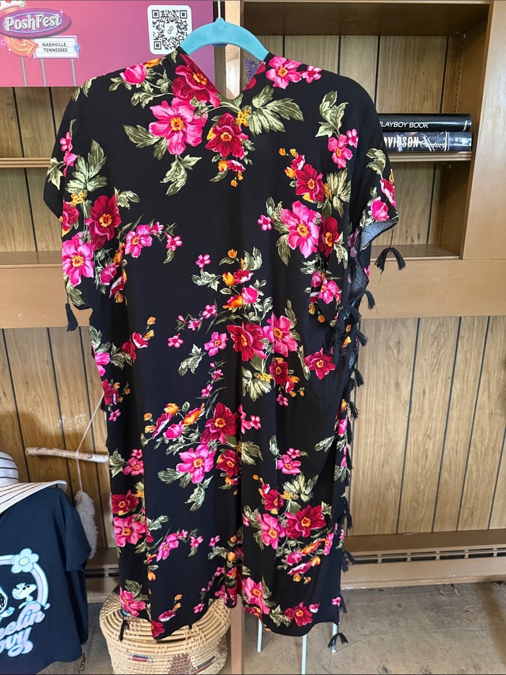Black Floral Tie-Trim Kimono with Pink & Red Blooms - Picture 2 of 2